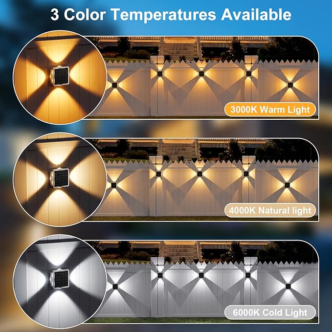 AUDLES Solar Wall Lights Outdoor Waterproof, 4-Sided Glow Solar Fence Lights, 3000K 4000K 6000K 3 Color Temperature Solar Wall Sconce for Garden Patio House Porch Poolside Decor-8 Pack