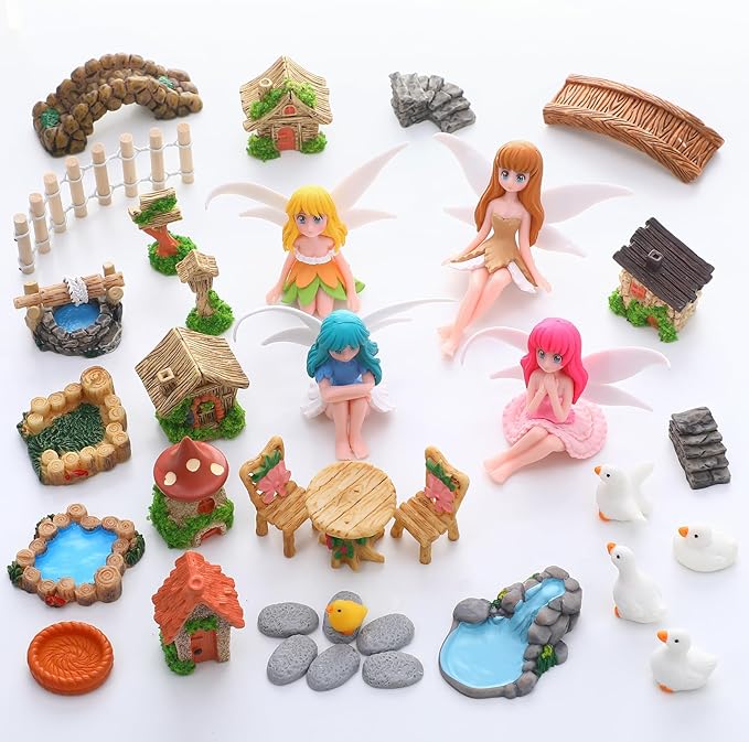 35 Pcs Fairy Garden Accessories Miniatures Garden Kit with Resin Fairies, Duck, Mushroom House & Bridge Miniature Accessories for Terrarium, Dollhouse & Outdoor Decor