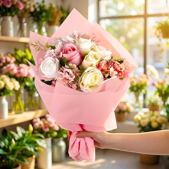 Sabary 120 Sheets Flower Wrapping Paper Bouquet Pure Color Waterproof Floral Packaging Paper with 196 Inch Ribbon Florist Bouquet Supplies for Wedding Birthday DIY, 22.8 x 22.8 Inch (Cream Champagne)
