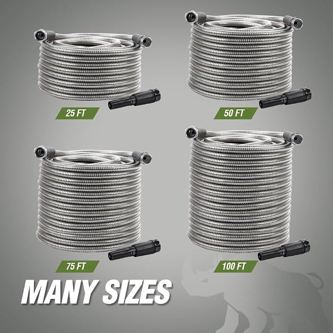 RUGGED RHINO Metal Garden Hose with Spray Nozzle, 50FT, 304 Stainless Steel, 750 PSI Burst Strength, Heavy Duty Flexible Water Hose, Kink Resistant, Leakproof for Yard, Lawn and Outdoor Use, Silver