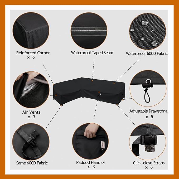 Heavy Duty Outdoor Sectional Sofa Cover, Waterproof 600D Patio Sectional Couch Covers, Lawn Patio Furniture Cover (Midnight Black, 100"x130"(L-Shaped-Left Facing))