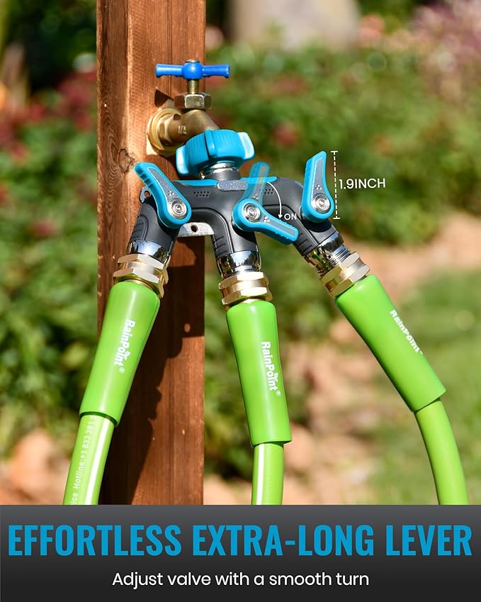 RAINPOINT 3 Way Hose Splitter, 100% Metal Heavy Duty Garden Hose Splitter With 1.9" Extra Long Handle & Individual Shut Off, 3/4 Inch GHT Thread Water Hose Connector For Outdoor Spigot Faucet (Blue)
