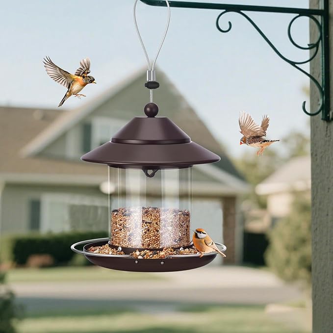 Bird Feeders for Outdoors, Hanging Metal Roof Bird Feeder with Clear Tube Seed Capacity for Viewing Cardinal Finch, Wild Birdfeeders for Outside Garden Yard Decoration