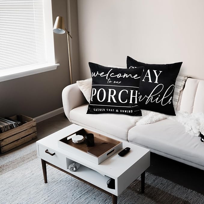 TAJWE Outdoor Pillow Covers Waterproof 20x20 Set of 2 Black and White Decorative Welcome to Our Porch Stay Awhile Cushion Cases for Patio Furniture Sofa Couch Decor