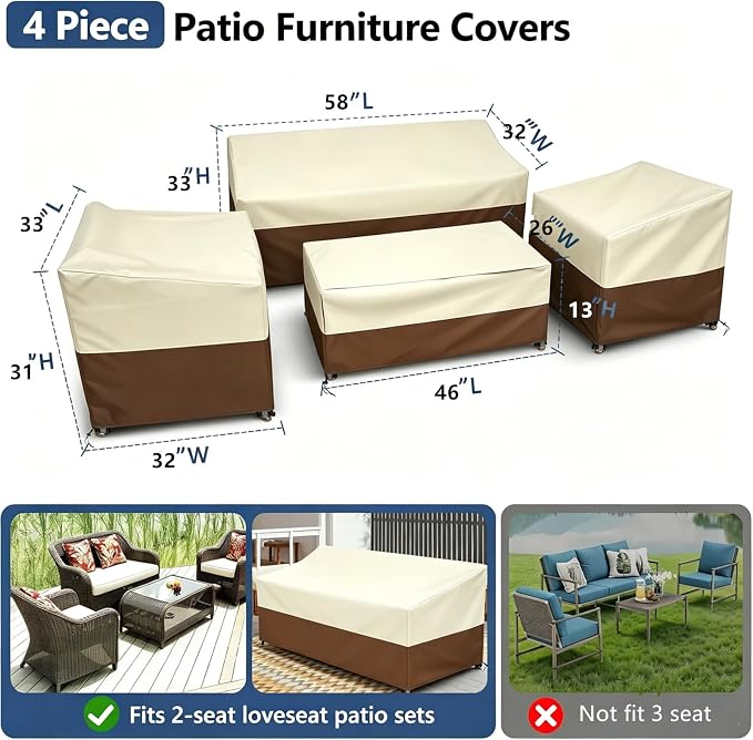 STARTWO Outdoor Furniture Cover Waterproof, 4 Piece Patio Furniture Set Cover for Outside Couch, Lawn Chairs, Coffee Table, Windproof with Buckle Strap