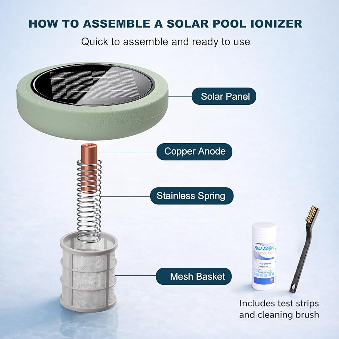 Solar Pool Ionizer for Above Ground, Solar Powered Floating Copper Purifier, Reduce Chlorine 85% Up to 45,000 Gallons, Swimming Pools Water Cleaner for In-ground Pools and Spas (Green)