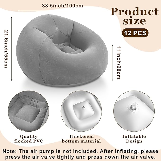 Realspring Inflatable Bean Bag Chairs Outdoor Blow up Camping Chairs Inflatable Lazy Sofa Folding Portable Bean Bag Loungers Couch for Movie Night(Dark Gray,12 Pcs)