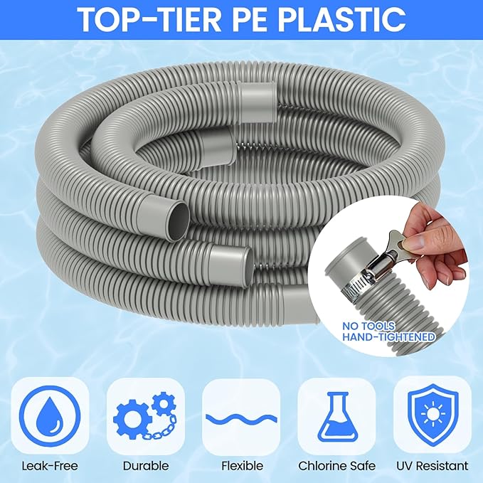 Poolvio Pool Hoses for Above Ground Pools 1.25" Diameter x 59" Long, 3-Pack, Heavy Duty UV Resistant & Leak-Proof Pool Pump Hoses with 6 Metal Thumb Clamps, Fits Intex Filter Pump 607/637