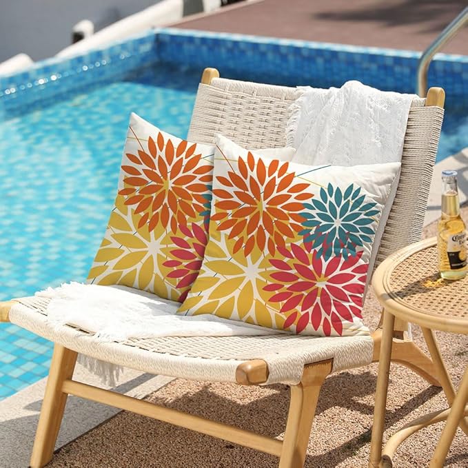 DFXSZ Outdoor Pillow Covers 24x24 Inch Set of 2 Orange Yellow Red Flower Decorative Waterproof Fall Summer Outdoor Pillow Covers for Patio Funiture Garden Couch 168G24