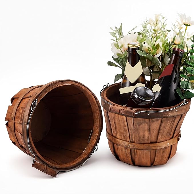 Marsui 1 Pcs Round Wooden Berry Baskets Small Bushel with Handles for Gifts Empty Basket Fruit Buckets for Picking Strawberry Fruits Flowers Crafts Home Wedding (Dark Brown)