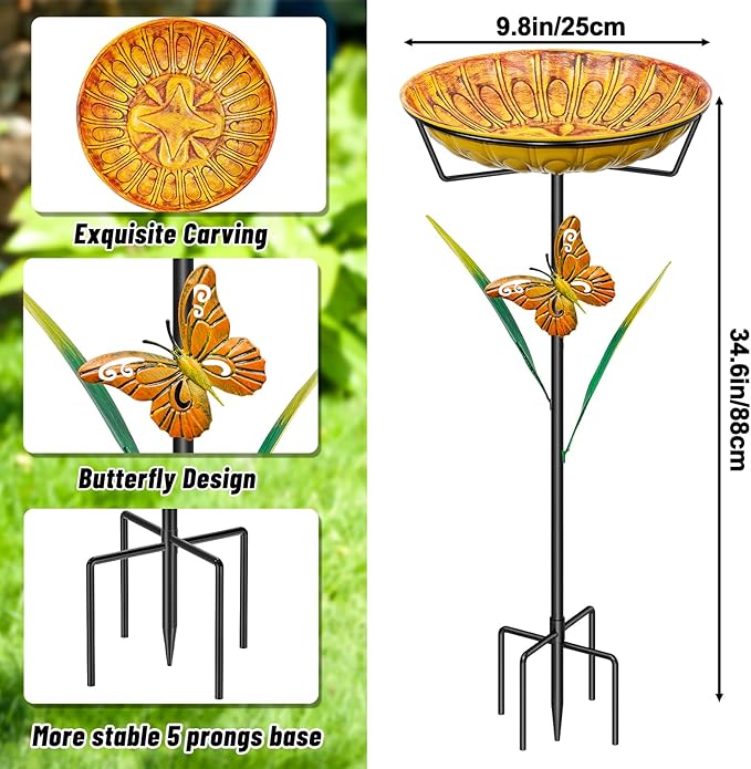 35In Metal Bird Bath for Outdoors, Easy to Clean Birdbaths with Removable Bowl Stable Upgrades Stake, Freestanding Bird Baths Feeder Bowl for Outdoors Garden Patio Yard Lawn Decor (Yellow)