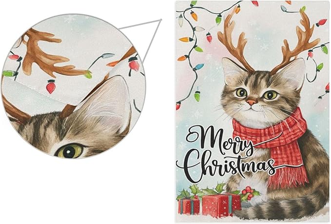 Merry Christmas Cat House Flag 28x40 Inch Double Sided Outside Xmas Reindeer Kitty Winter Seasonal Yard Outdoor Flag Banner for Garden Lawn Patio Holiday Decorations
