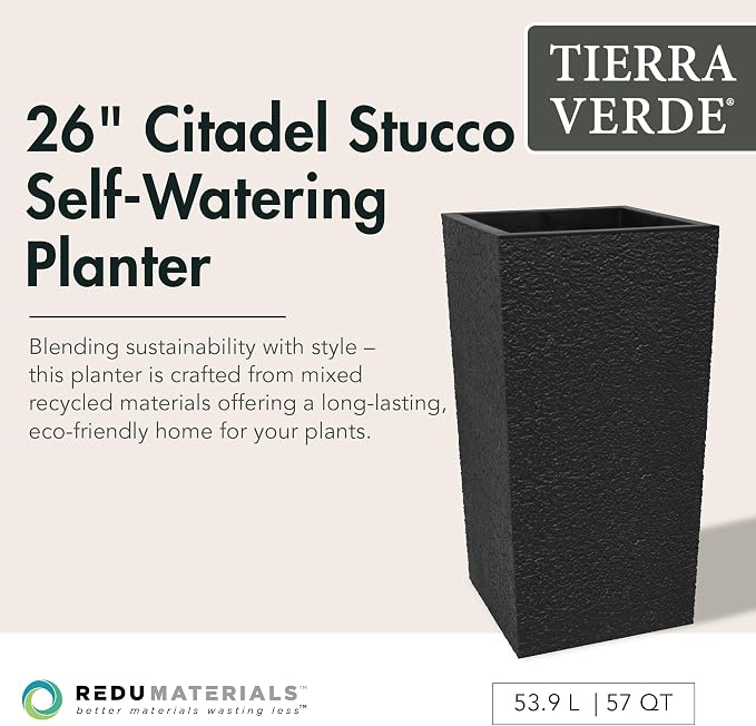 Tierra Verde Indoor & Outdoor Self-Watering Square Planter, Citadel Stucco, 13.5" x 26", Black - Planting Containers for Plants and Flowers - Gardening and Landscaping Accessories