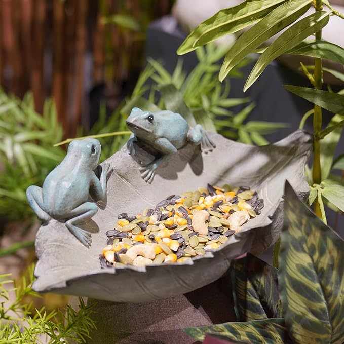 Bird-Feeder Wild Birdbath Bowl Outdoors - Garden Decor Birdfeeder for Outdoor Polyresin Frogs on Leaf Bath Bowl for Outside Yard Table Decor 12 x 7.25 x 3.5 inch Newman House Studio