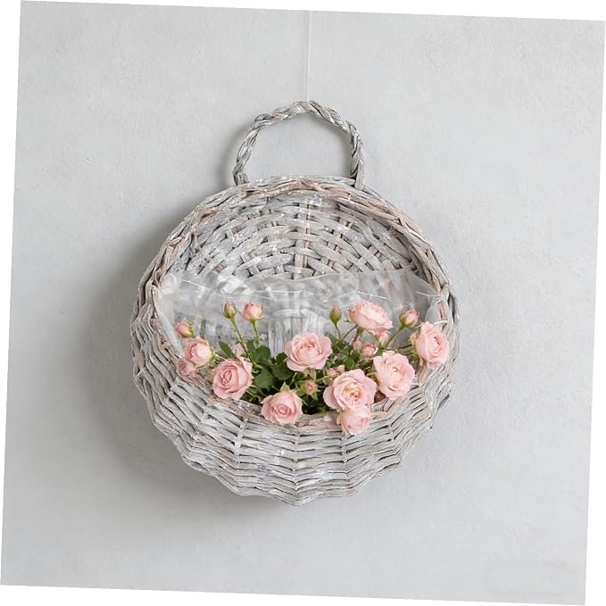 Wicker Hanging Basket Set 2 Pcs Handmade Wall-Mounted Planters for Indoor Outdoor Use Grey Willow Style Storage and Flowerpot