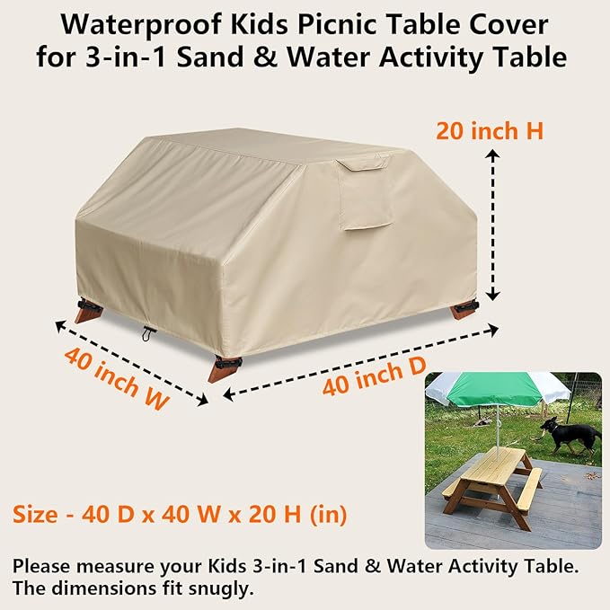 Kids Picnic Table Cover Waterproof for Sand & Water Activity Table, Weatherproof and UV-Resistant Material for All-Season Protection, Toddler Patio Wooden Table Cover (Khaki)