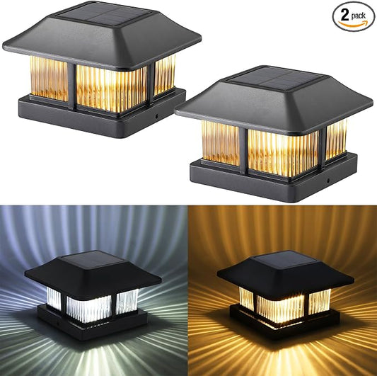 Dynaming 4x4 Solar Post Cap Lights Outdoor with 2 Color Modes, Fence Post Solar Lights Black Shell Brightness SMD LED Lantern Lamps Waterproof for Garden Deck Patio, Fit Wooden/Vinyl Posts, 2 Pack