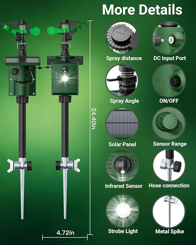 Motion-Activated Sprinkler, Solar Animal Repellent Outdoor - 1 Pack Deer Cat Deterrent with Motion Sensor & Flashing Lights, Protects Yard & Garden from Deer, Cats, Raccoons