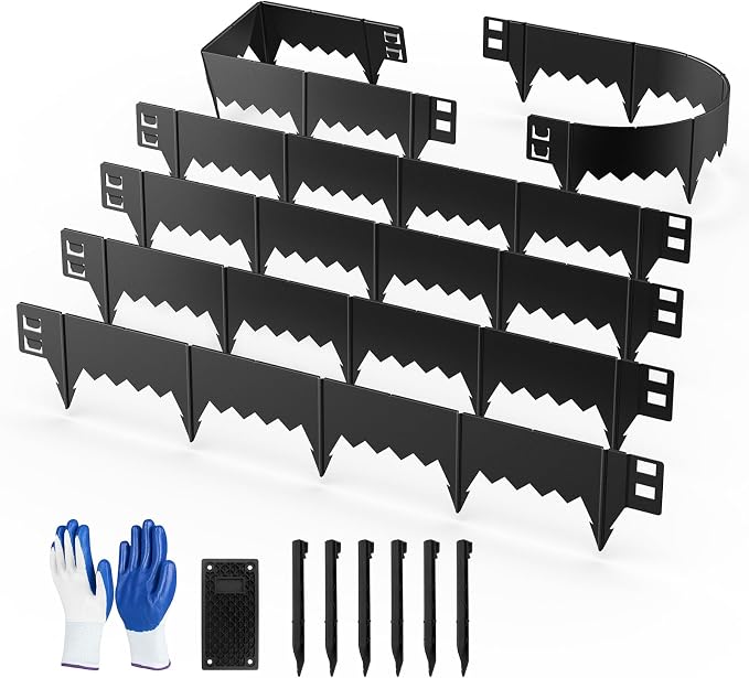 6-Pack Heavy Duty Metal Garden Border(20FT), 6 in *37 in Hammer-in Landscape Edgings with 6 Pcs Plastic Stakes, Bendable Lawn Edgings for Yard, Tree Rings, Lawn,Pathway-Black