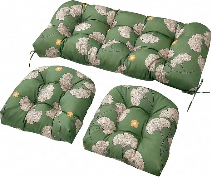 Wicker Chair Cushions Set, 2 U-Shaped Cushions & 1 Loveseat, Waterproof Outdoor Loveseat Cushion for Patio Furniture, Settee Bench Pad All Weather,Ginkgo