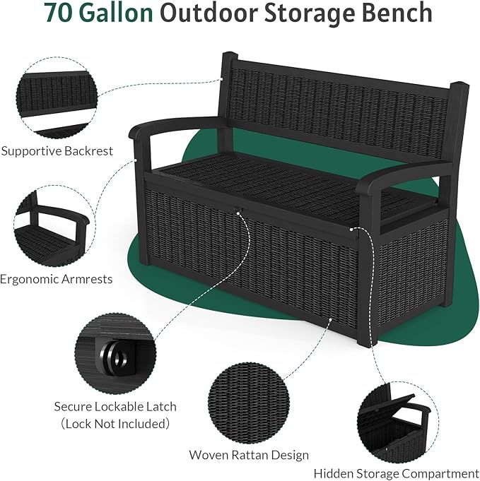 Skepphlay 70 Gallon Storage Bench Outdoor, Deck Box Bench with Armrest, Lockable Outside Benches with Storage, Deck Boxes Waterproof for Pool Patio Garden (Black)