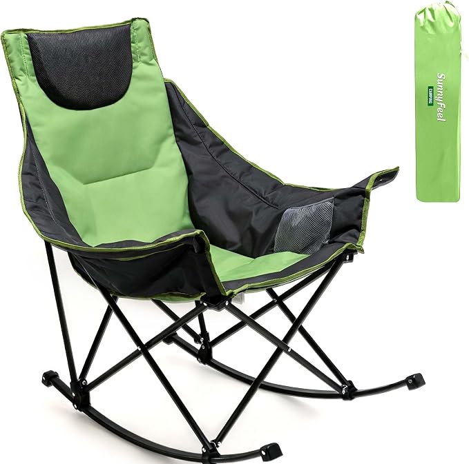SUNNYFEEL Oversized Rocking Camping Chair, Fully Padded Patio Chair with Side Pocket, High Back Portable Lawn Recliner with Headrest, Outdoor Camp Rocker Chairs for Adults Heavy Duty 500 LBS Carry Bag
