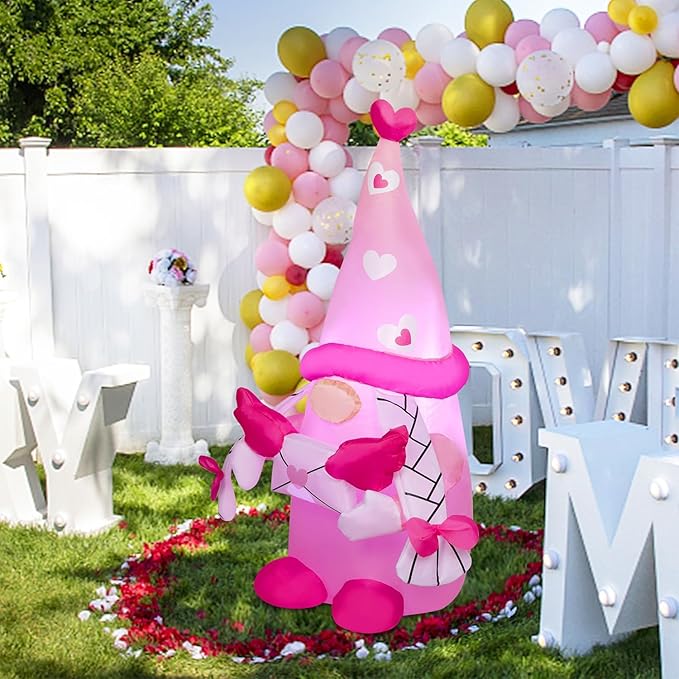 Juegoal Valentine Inflatable Pink Gnome, 4 FT Lighted Blow Up Girl Swedish Gnomes, Indoor Outdoor Valentines Wedding Xmas Decor, Built in LED Light Up Holiday Lawn Yard Garden Decorations