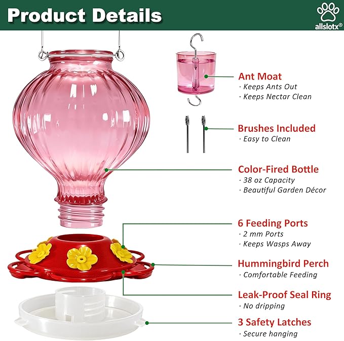 Glass Hummingbird Feeder for Outdoors Hanging, 38 oz Nectar Capacity, 6 Feeding Ports, Leak-Proof Rust-Free Plastic Base, Easy to Refill & Clean, Decorative Pink Glass Bird Feeder for Garden Patio