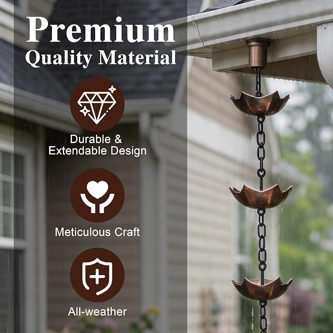 Topadorn Antique Umbrella & Lotus Rain Chain, 71.5" Metal Water Diverter with 8 Cups, Decorative Gutter Downspout Replacement