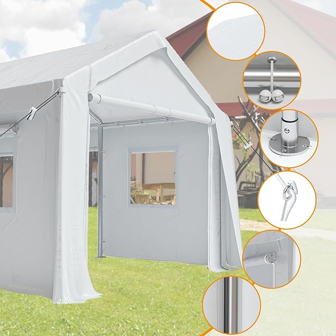12x20Ft Heavy-Duty Carport, Portable Garage Tent with 2 Roll-Up Doors & 4 Windows, Waterproof & UV-Resistant, All Weather Outdoor Car Port for Pickups, Bass Boats, Tractors, and SUVs, White