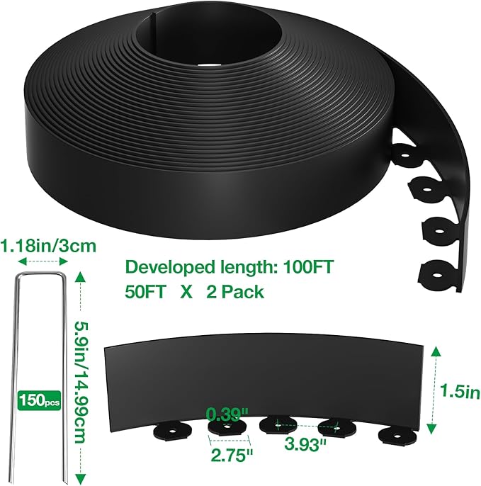 Bonviee 100FT Landscape Edging Kit, 1.5”No-Dig Garden Edging Border with 150 Stainless Steel Stakes, 2 x 50FT Flexible Lawn Edging for Flower Beds, Yard, Tree Rings & Landscaping