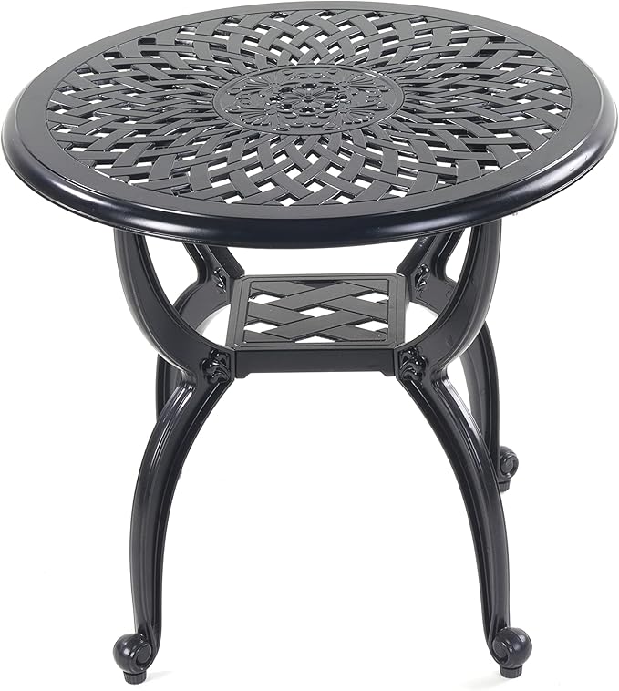 Mandolin Outdoor Patio,Rust -Resistant Cast Aluminum Side Table,Weather Resistant End Table，Coffee Table， Perfect for Patio, Backyard Or Garden.W 20.8" X H18.5(Aluminum Round, Black)