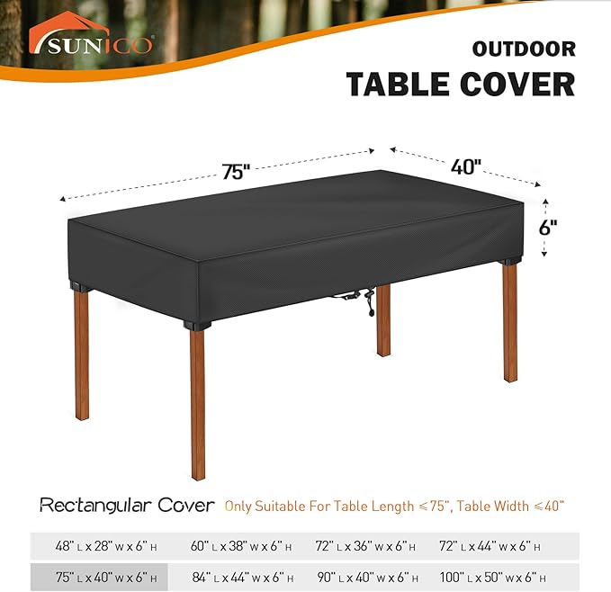 SUNICO Rectangular Outdoor Table Covers Waterproof, Anti-UV Patio Table Cover for Outdoor Furniture, Windproof Outside Dining Table Cover, Patio Furniture Cover 75" L x 40" W x 6" H