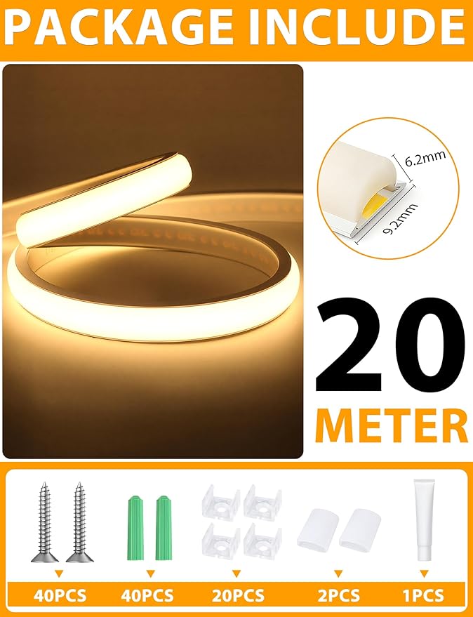 Lamomo COB LED Strip Lights 65.6Ft, Warm White Outdoor Led Rope Light, Waterproof Flexible Silicone Cuttable 3000K Neon Led Lights for Bedroom Garden Commerica Holiday Decor, CRI90+, AC 120V