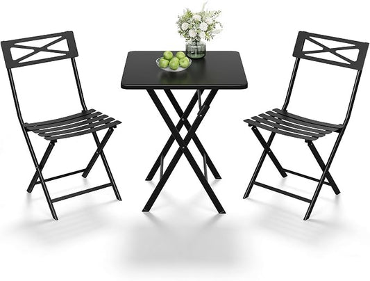 GarveeTech 3-Piece Folding Bistro Set, Heavy Duty Outdoor Patio Furniture with 2 Chairs & 1 Table, Weather-Resistant Steel Frame, No Assembly Required for Garden, Yard, Balcony,Black