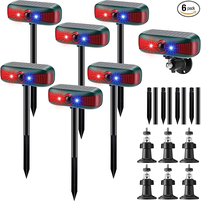Qualirey 6 Pcs Solar Outdoor Alarm Motion Sensor 129dB Security Siren Sound Detector Strobe Light, 4 Modes Animal Deterrent Dog Barking Waterproof Alarm for Home, Farm (Voice Model,Red)