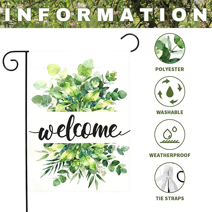 Welcome Spring Garden Flag Summer Greenery Watercolor Eucalyptus Leaves House Banner Seasonal Rustic Farmhouse Hosta Planta Yard Flags for Outside Porch Patio Lawn Home Decor 12 x 18 Inch