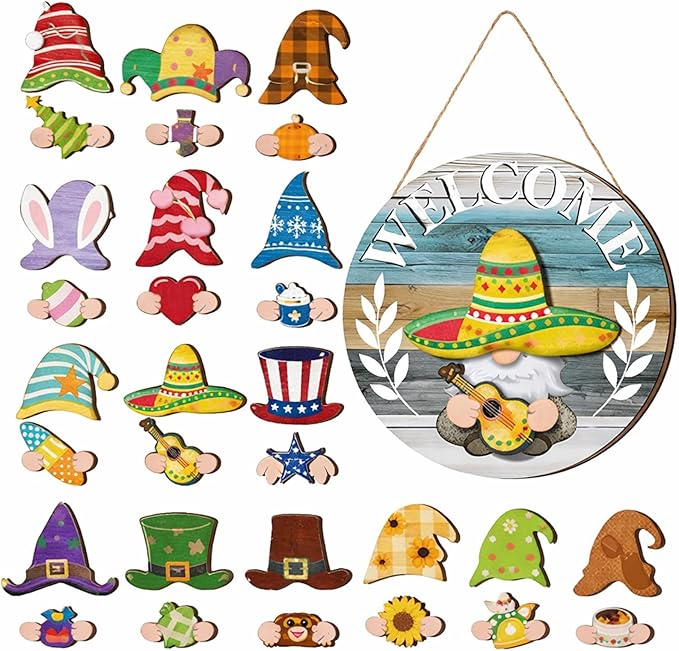 Qunclay Interchangeable Wooden Gnome Decor Holiday Seasonal Gnome Decorations with Magnet Pieces and Detachable Hats Changeable Welcome Sign for Home(Antique Style)