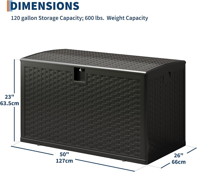 120 Gallon Outdoor Deck Box, Lockable Waterproof Outdoor Resin Box with Lid, Patio Storage Bin for Patio Furniture, Garden Tools, Pool Accessories - Black