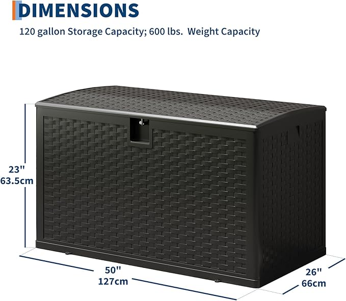 Garvee 120 gallon Waterproof Outdoor Storage Box, Lockable Plastic Deck Box with Lid, Patio Storage Bin for Pool, Garden Tools, Backyard, Porch, All-Weather Protection, Black