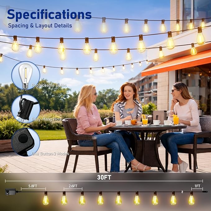 30FT LED Outdoor String Lights with Remote, One Continuous Strand Patio Lights with 10+1 Shatterproof S11 Bulbs, Dimmable 2700K Warm White, Timer & 3 Modes, Low Voltage for Backyard Garden