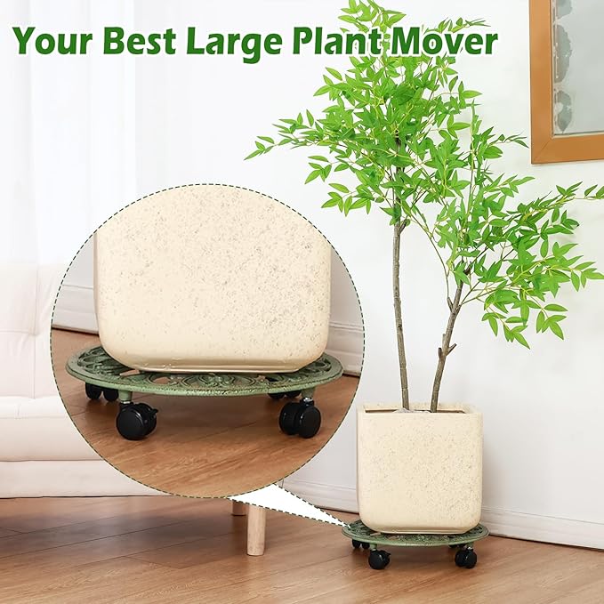 2 Packs 14 Inch Rolling Plant Stand with Wheels Metal Plant Caddy with Wheels Heavy Duty Round Plant Stand Indoor Iron Plants Rollers for Plants, Plant Dolly Retro Green