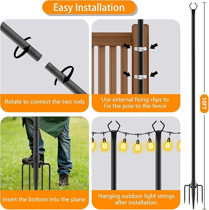 2 Pack 10 FT String Light Poles,Metal with Fork Lights Poles for Outdoor String Light, Rustproof Heavy Duty for Outside Garden,Patio,Wedding,Backyard,Deck,Party