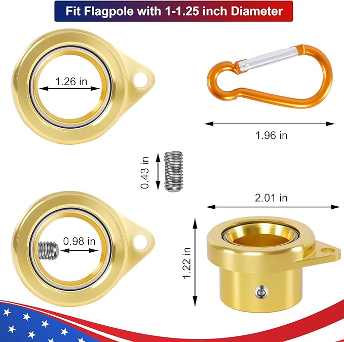 Bearing Steel Ball Flag Pole Rings, Tangle Free Aluminum Alloy Flag Pole Spinners, 360° Rotating Flagpole Rings with Carabiners, Fit Flagpole with 1-1.25inch Diameter, Flagpole Parts, 1.25 inch Gold