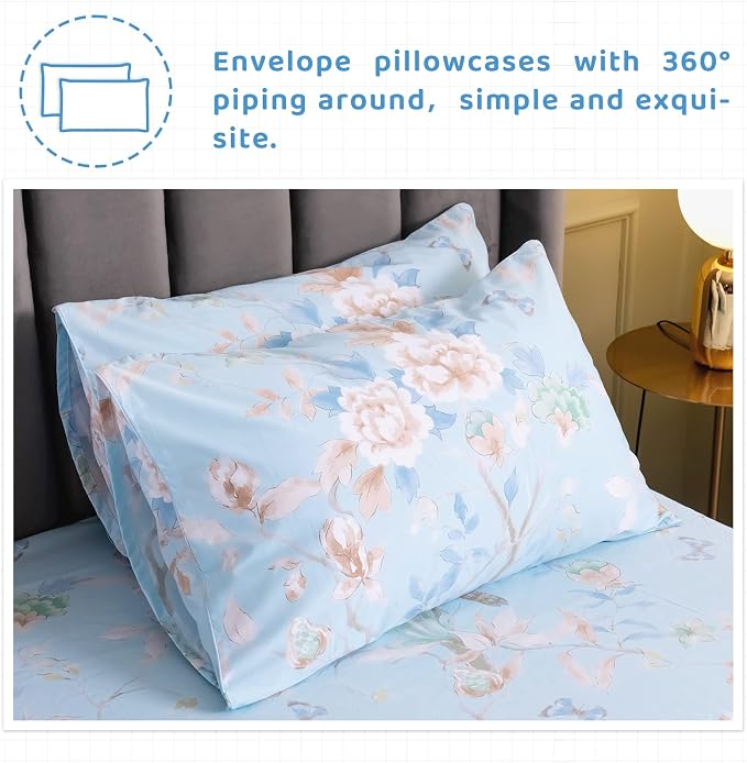 QSH 100% Cotton Floral Sheets for Split King Size Bed, Blue Flowers Plant Pattern Botanical Luxury Cotton Printed Floral Bedding Split King Sheet with Deep Pockets 17" Soft and Breathable 5pcs