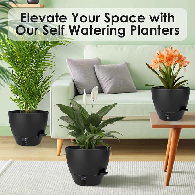 QRRICA 12/10/9 Inch Self-Watering Plant Pots with Water Level Indicator, Drainage Holes & Saucers – Large Plastic Planter Set for Indoor & Outdoor Plants (Pure Black)