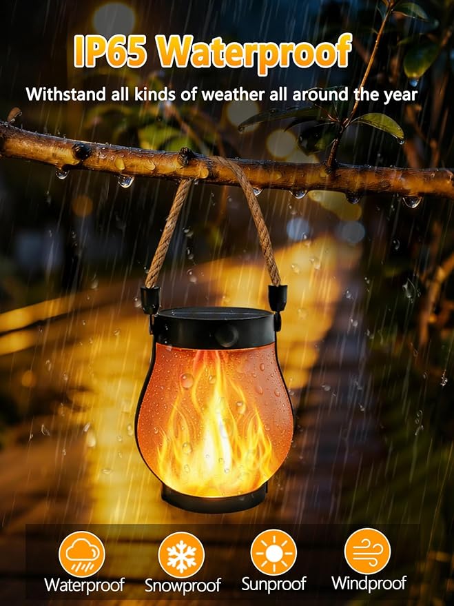 2 Pack Solar Lights Outdoor Waterproof, Solar Lantern with Dancing Flame, 2 Lighting Modes, Dual Charging USB & Solar Powered, with Hanging Rope Handle for Patio Yard Camp Garden Tree Tabletop Decor