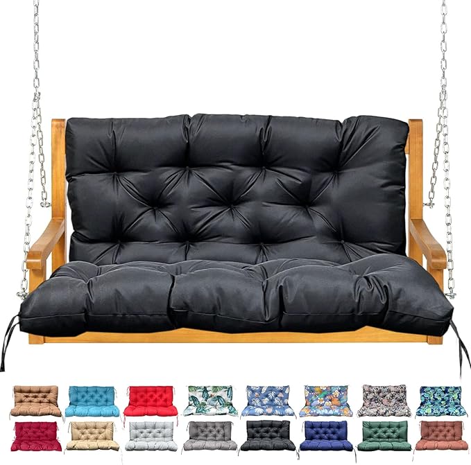 Porch Swing Cushion with Backrest,Waterproof Bench Cushion for Outdoor Furniture,2-3 Seater Replacement Thickened Swing Cushion with Ties,Patio,Outdoor,Backyard and Garden (Black,47x40)