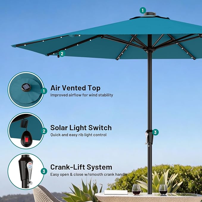 AreShark 11FT Large Patio Umbrella with Solar Lights, Lighted Solar Umbrella with Crank, Outdoor Table Market Umbrellas for Garden, Deck, Backyard, Pool and Beach, Lake Blue
