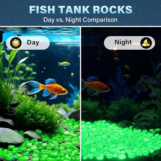 PoYang 1000pcs Glow in The Dark Rocks Outdoor - Green Resin Glowing Pebbles for Landscaping, Garden, Fish Tank and Aquarium Indoor Decor, Powered by Sunlight or Lamplight (0.4"-0.7"/pc, 1.2lbs/Bag)